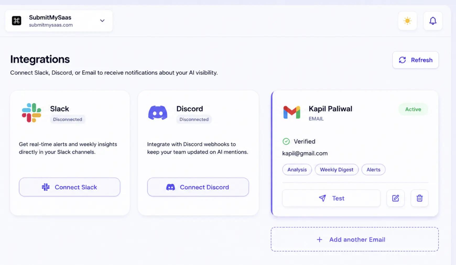 MyMentions integrations view showing Slack, Discord, and Email notification setup